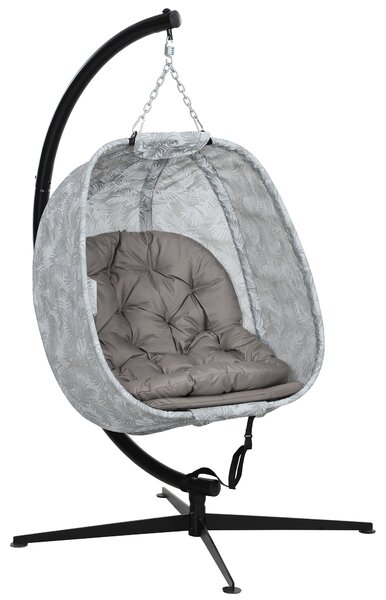 Outsunny Hanging Egg Chair Outdoor Indoor Garden Swing Chair with Folding Basket, Stand, Thickened Cushion for Patio, Balcony, Sand Brown