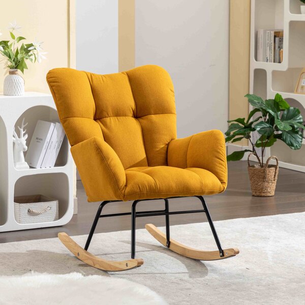 Mid Century Modern Flax Fabric Tufted Upholstered Garden Rocking Chair with Padded Seat, Relax Chair for Living Room, 80x70x95 cm, Yellow Aosom UK