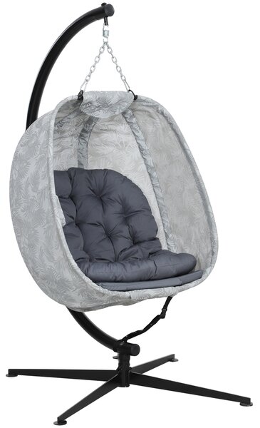 Outsunny Hanging Egg Chair with Folding Basket, Garden Hanging Chair with Stand, Thickened Cushion, Cup Holder for Patio, Balcony, Grey
