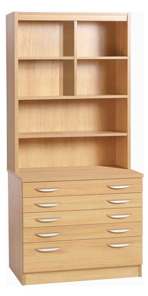 Small Office 5 Drawer Chest With Hutch Bookcase, Classic Oak