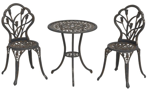 Outsunny 3 Piece Patio Bistro Set for 2, Outdoor Aluminium Garden Table and Chairs with Umbrella Hole for Balcony, Bronze Tone