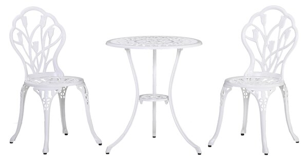 Outsunny 3 Piece Patio Bistro Set for 2, Outdoor Aluminium Garden Table and Chairs with Umbrella Hole for Balcony, White