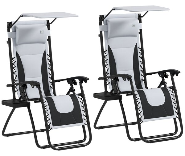 Outsunny Zero Gravity Lounger Chair Set of 2, Folding Reclining Patio Chair with Shade Cover, Cup Holder for Poolside, Camping, Light Grey