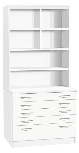Small Office 5 Drawer Chest With Hutch Bookcase, White