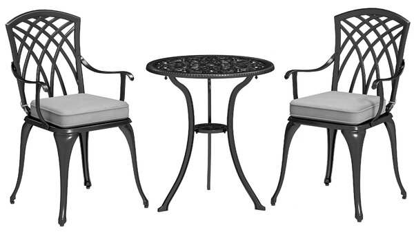 Outsunny 3 Piece Cast Aluminium Garden Bistro Set for 2, Outdoor Coffee Table Set Rust Resistant with Parasol Hole for Garden, Balcony, Black