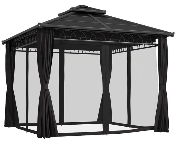 Outsunny 3 x 3m Outdoor Polycarbonate Gazebo, Double Roof Hard Top Gazebo with Nettings & Curtains for Garden, Lawn, Patio and Deck, Dark Grey