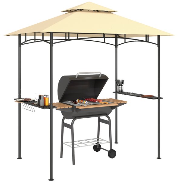 Outsunny 8' x 5' Grill Gazebo, Double Tiered BBQ Gazebo Shelter Canopy with LED Lights, 2 Side Shelves, Hooks, Beige