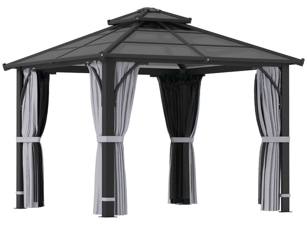Outsunny 3 x 3(m) Hardtop Gazebo Canopy with Roof, Garden Gazebo Permanent Pavilion with Mosquito Netting and Curtains for Patio, Deck, Dark Grey