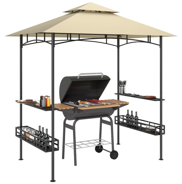 Outsunny 8' x 5' Grill Gazebo Canopy, Double Tiered Outdoor BBQ Gazebo Shelter with 2 Shelves, Storage Baskets, Hook for Barbecue, Picnic, Beige