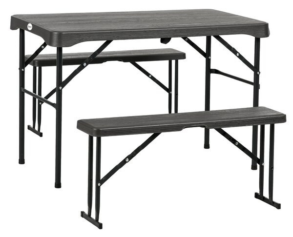 Outsunny Folding Picnic Table with 2 Benches, 3-Piece Portable Garden Furniture Set for 4, Dining Table Set with Plastic Top, Steel Frame, Dark Grey