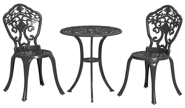 Outsunny 3 Piece Cast Aluminium Garden Bistro Set for 2 with Parasol Hole, Outdoor Coffee Table Set for Balcony, Patio, Black