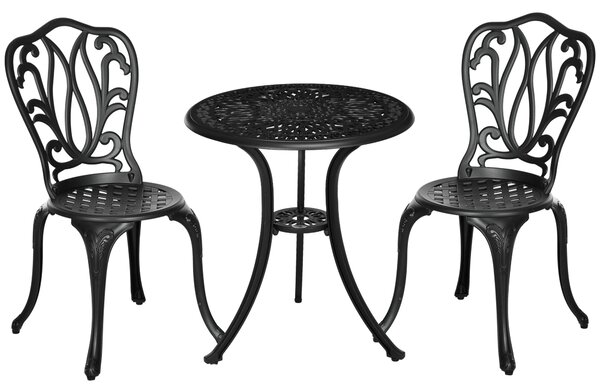 Outsunny 3 Piece Garden Bistro Set, Cast Aluminium Outdoor Furniture Set with Umbrella Hole for Balcony, Porch, Patio, Black