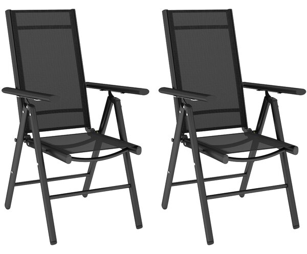 Outsunny Set of 2 Folding Chair, Aluminium Frame Outdoor Camping Chairs with Breathable Mesh Back and Seat, Armrests for Patio Deck Balcony, Black