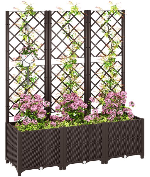Outsunny Raised Garden Bed with Trellis, Plastic Planter Box with Drainage Holes and Drain Plugs for Climbing Plants, Vegetables, Flowers, Brown