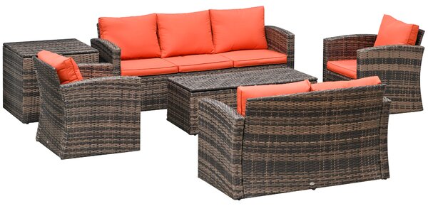 Outsunny 6 Pieces Rattan Garden Furniture Set, 7 Seater Wicker Outdoor Furniture Set with Storage Tea Table, Side Table, Cushions, Orange
