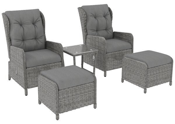 Outsunny 5 Pieces Rattan Bistro Set with Adjustable Back, Reclining Wicker Balcony Furniture with Cushions, Glass Top Coffee Table, Light Grey