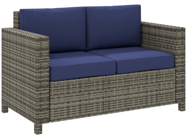 Outsunny 2 Seater Garden Furniture, Rattan Sofa with Soft Padded Cushion and Armrests, Wicker Garden Loveseat for Patio, Navy Blue