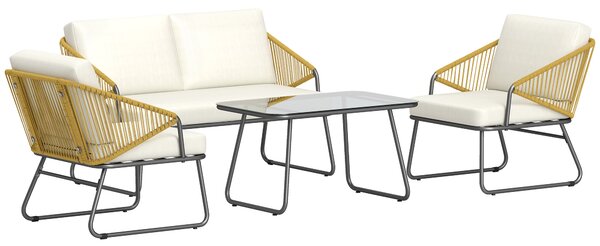 Outsunny 4 Piece Rattan Garden Furniture Set, Wicker Patio Outdoor Furniture Set with Armchairs, Cushions for Conservatory, Balcony, Natural Wood