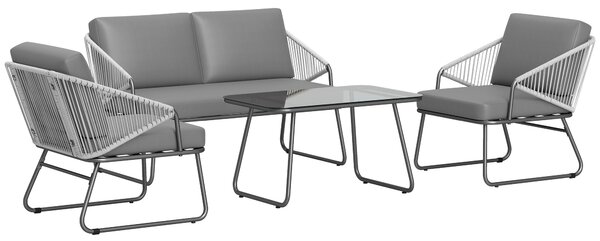 Outsunny 4 Piece Rattan Garden Furniture Set, Wicker Patio Outdoor Furniture Set with Loveseat, Glass Top Coffee Table for Patio, Balcony, Grey