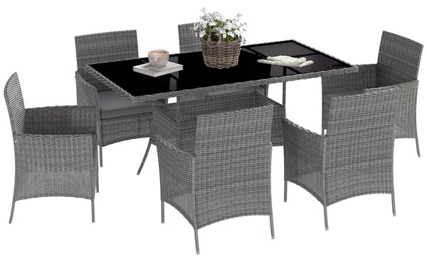 Outsunny 7-Piece Rattan Garden Furniture Set with Cushions, 6 Seater Garden Table and Chairs with 6 Armchairs, Glass Top Table, Charcoal Grey