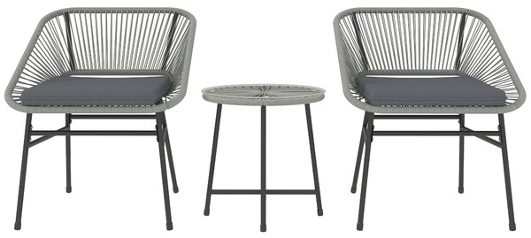 Outsunny 3 Pieces Rattan Bistro Set, Wicker Small Garden Table and Chairs Set with Cushions and Glass Top for Outdoor, Patio, Balcony, Light Grey
