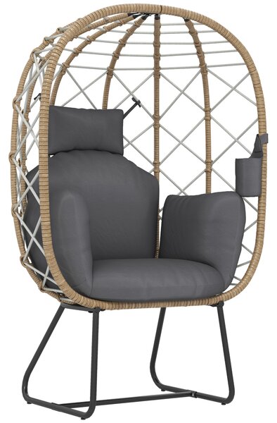 Outsunny Rattan Egg Chair Outdoor Indoor Wicker Chair with Thickened Cushion and Headrest, Cup Holder, Metal Frame for Patio, Balcony, Brown