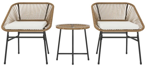 Outsunny 3 Pieces Rattan Bistro Set, Wicker Small Garden Table and Chairs Set with Cushions and Glass Top for Outdoor, Balcony, Natural