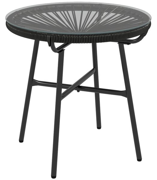 Outsunny Rattan Side Table, Round Outdoor Coffee Table, with Round PE Rattan and Tempered Glass Table Top for Patio, Garden, Balcony, Black