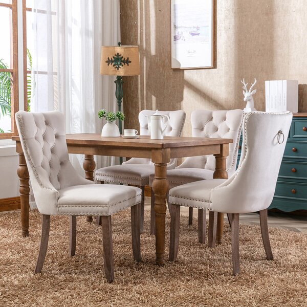 Set of 4 Velvet Upholstered Dining Chairs with High Back and Brushed Wood Legs, Tufted Kitchen Lounge Chairs, 51L x 63.5W x 98H cm, Beige Aosom.UK