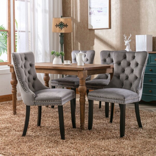 Set of 4 Velvet Upholstered Dining Chairs with High Back and Brushed Wood Legs, Tufted Kitchen Lounge Chairs, 51L x 63.5W x 98H cm, Grey Aosom.UK