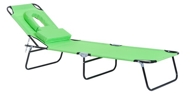 Outsunny Foldable Sun Lounger, Reclining Chair with Pillow and Reading Hole, Garden Beach Outdoor Recliner, Adjustable, Green