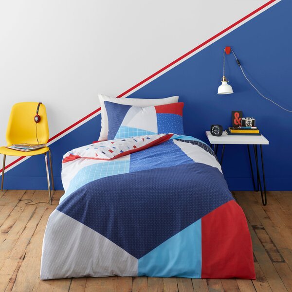 Bold Geometric 100% Cotton Reversible Duvet Cover and Pillowcase Set Blue/Red/White