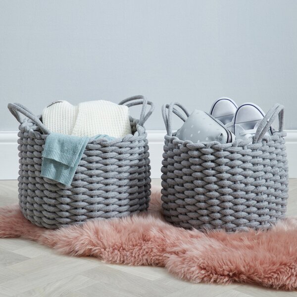 Set of 2 Round Knitted Grey Storage Baskets Grey