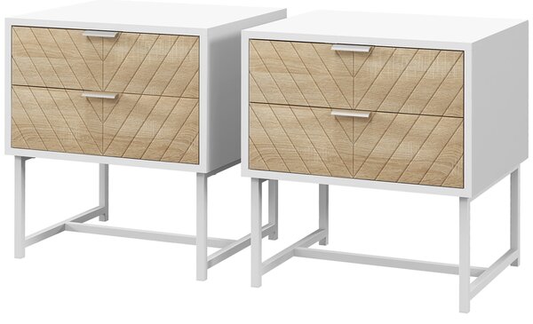 HOMCOM Modern Bedside Table Set of 2, with 2 Drawers and Metal Frame, Sofa Side Table, White and Oak