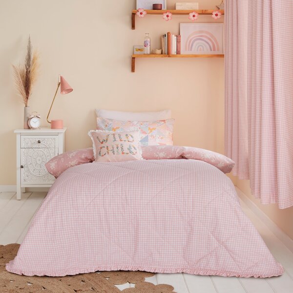 Peach Pink Gingham Ruffle 100% Cotton Bedspread Pink