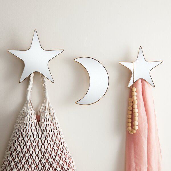 Pack of 3 Star and Moon Mirrored Wall Hooks Gold