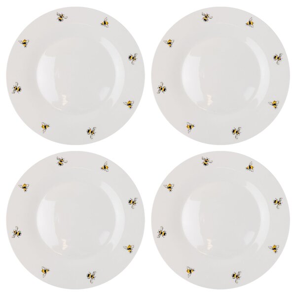 Set of 4 Bee Dinner Plates White