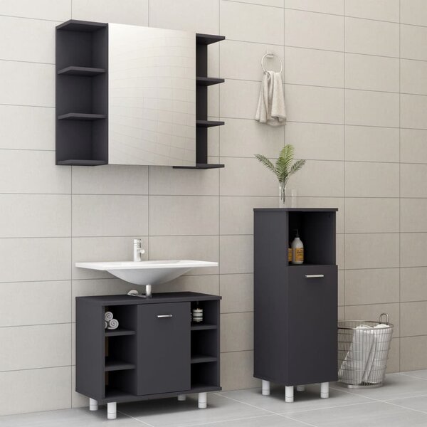 3 Piece Bathroom Furniture Set Grey Engineered Wood