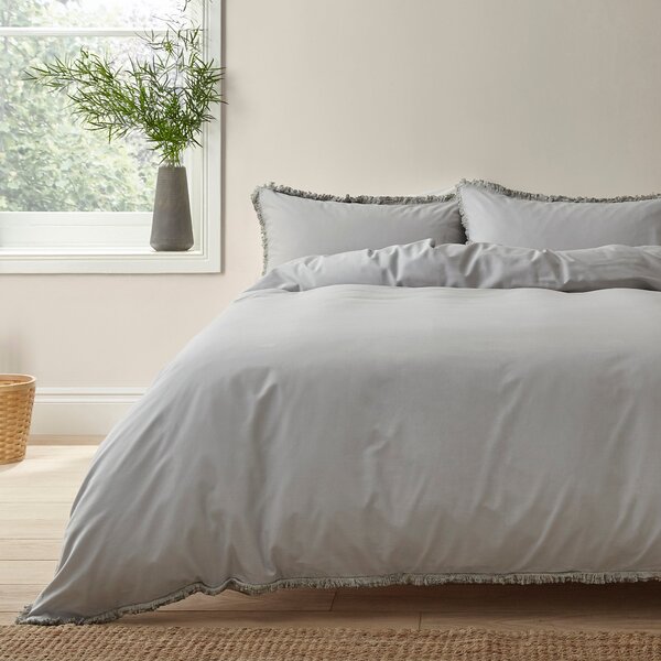 Bridget Grey Fringed 100% Cotton Duvet Cover and Pillowcase Set Grey