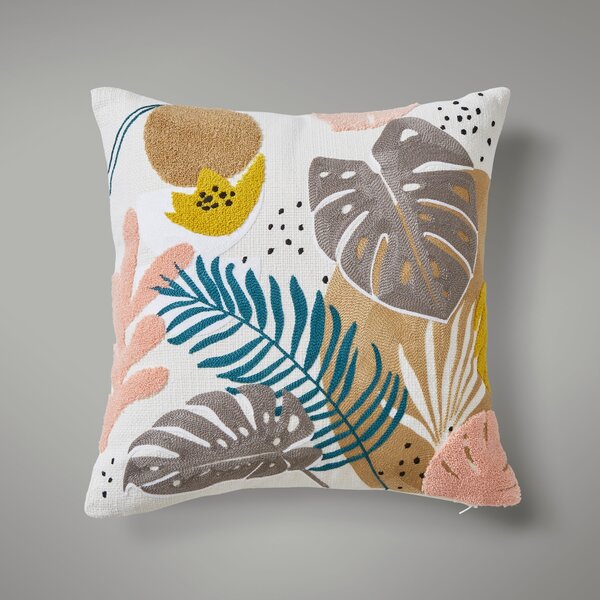 Embroidered Tropical Leaf Cushion Cream/Brown