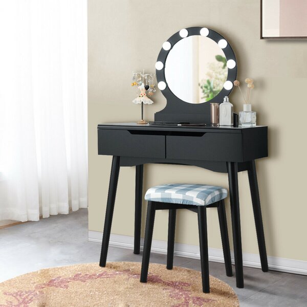 Vanity Dressing Table Makeup Desk with LED Round Mirror Bedroom-Black