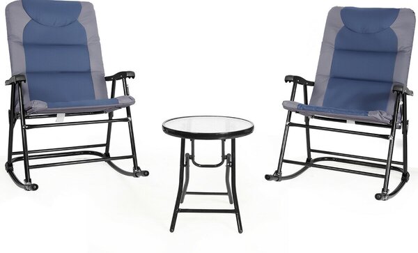 3 Pcs Folding Bistro Set Outdoor Rocking Chairs and Table Set-Blue & Gray