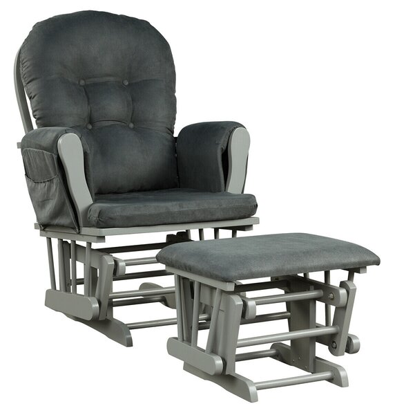 Wooden Glider Reclining Chair Padded Cushions with Footstool -Grey