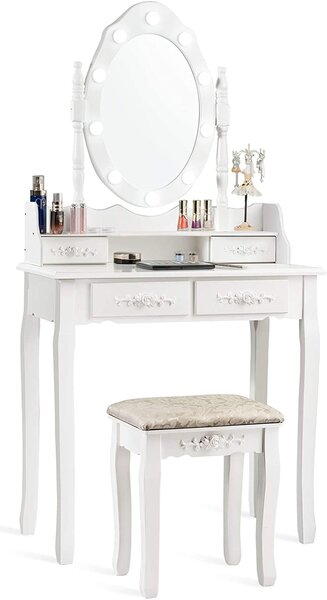 Dressing Table Set, Wooden Vanity Desk with LED Lights