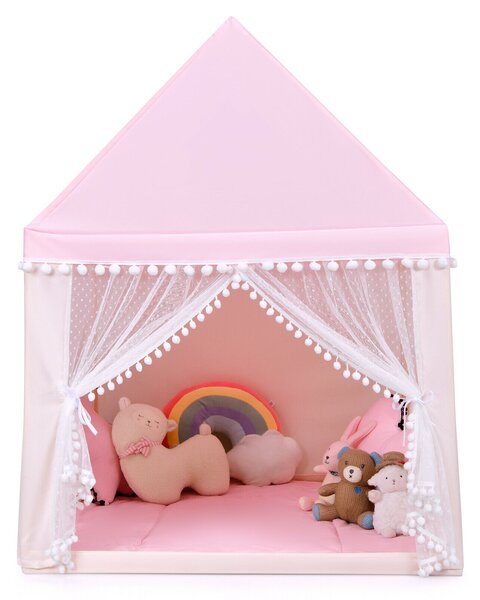 Kids Play Tent Wood Frame Large Playhouse Tents with Mat-Pink