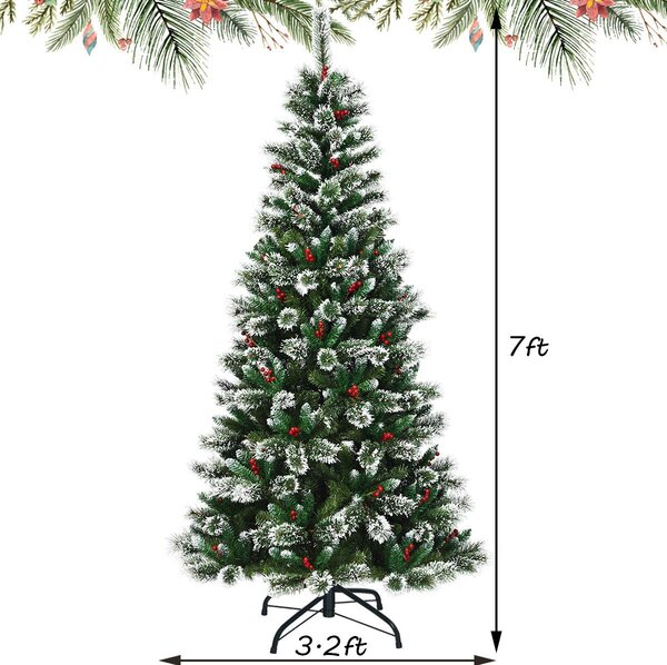 Snow Flocked Christmas Tree with Red Berries and Metal Base-7FT