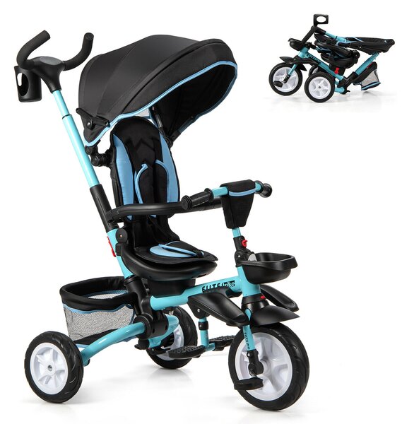 Folding Toddler Tricycle Travel System with 360° Seat and Parent Handle-Blue
