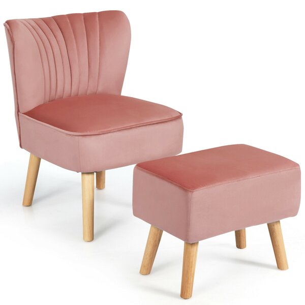Soft Velvet Accent Chair with Oyster Shaped Back and Ottoman-Pink