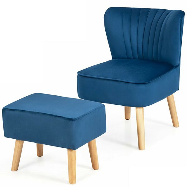Soft Velvet Accent Chair with Oyster Shaped Back and Ottoman-Blue