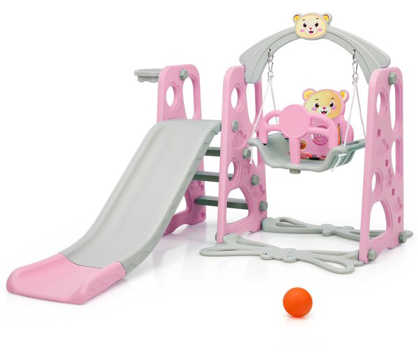Costway 4-in-1 Toddler Climber and Swing Set with Basketball Hoop and Slide-Pink